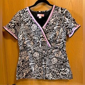 koi kathy peterson scrub top black white light purple stripe size small EUC